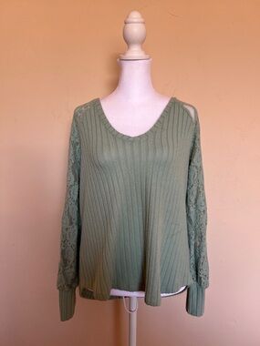 Maurices Sage Green Ribbed V-Neck Long Sleeve Top with Lace Sleeves